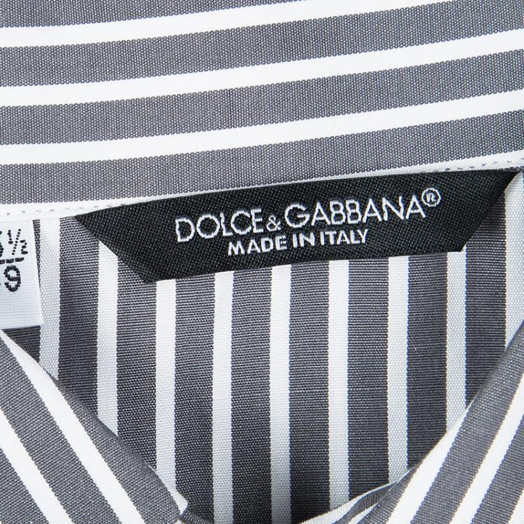 Pre Owned Dolce and Gabbana Grey and White Striped Cotton Short Sleeve Shirt M