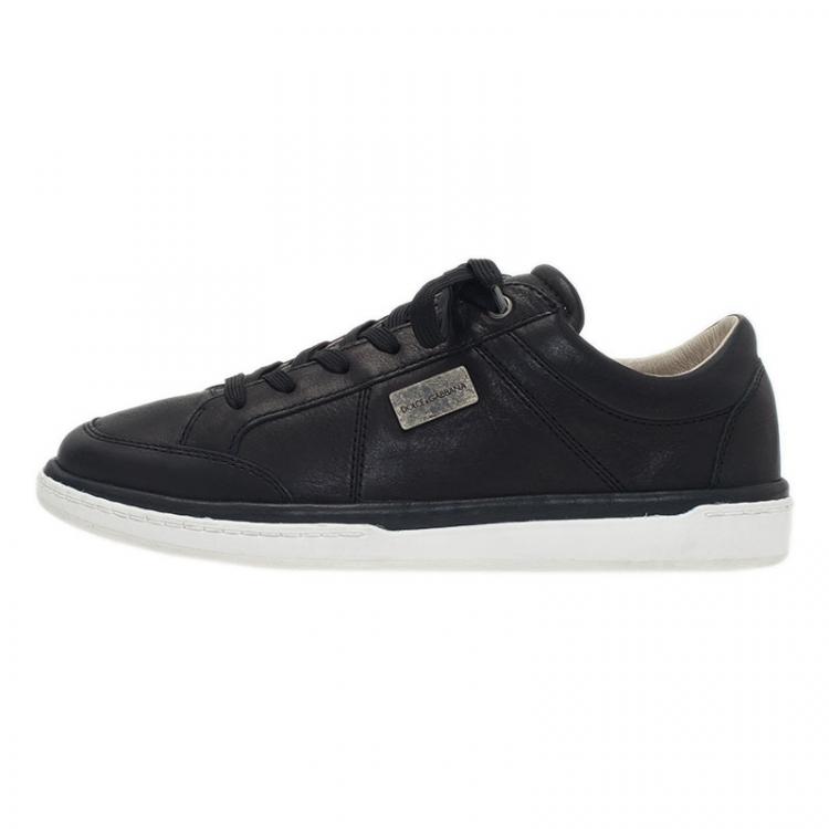 Pre Owned Dolce and Gabbana Black Leather Logo Plaque Sneakers Size 40