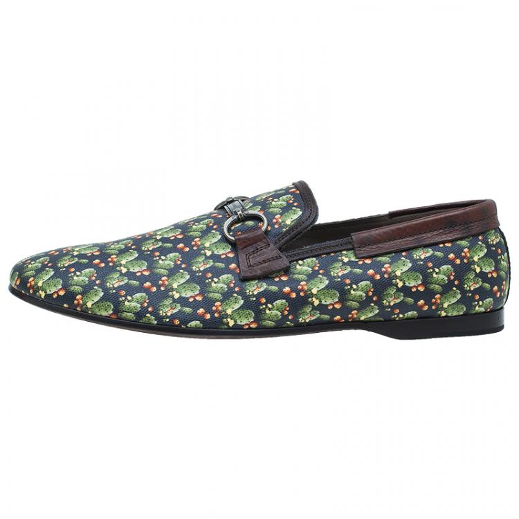 Pre Owned Dolce and Gabbana Brown Leather and Tomato Printed Canvas Amalfi Slip-Ons Size 43.5