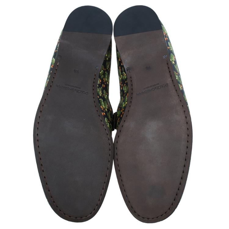 Pre Owned Dolce and Gabbana Brown Leather and Tomato Printed Canvas Amalfi Slip-Ons Size 43.5