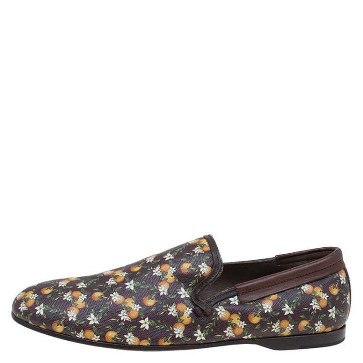 Pre Owned Dolce and Gabbana Brown Leather and Orange Print Canvas Amalfi Slip On Size 43