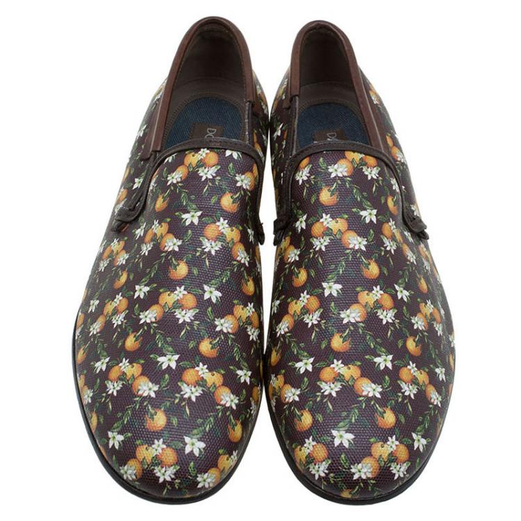 Pre Owned Dolce and Gabbana Brown Leather and Orange Print Canvas Amalfi Slip On Size 43