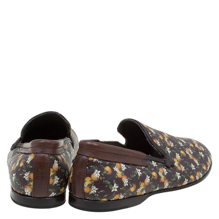 Pre Owned Dolce and Gabbana Brown Leather and Orange Print Canvas Amalfi Slip On Size 43