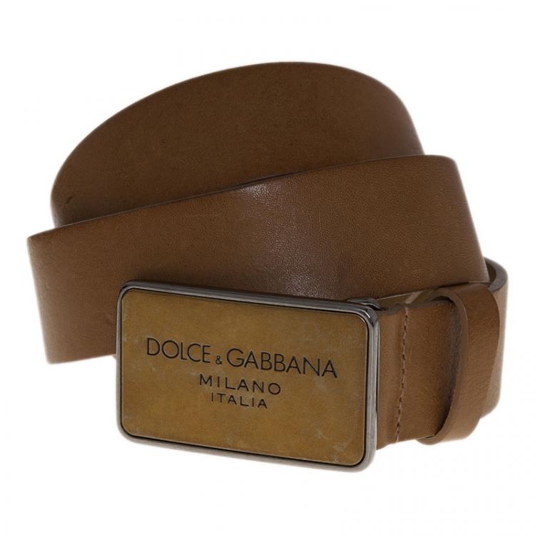 Pre Owned Dolce and Gabbana Brown Leather Plaque Belt 100CM