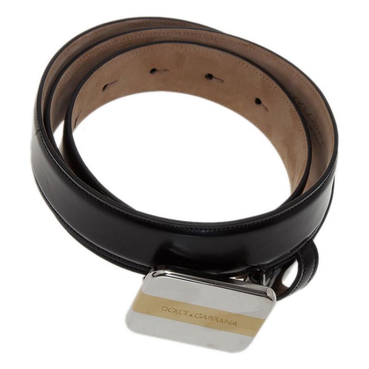 Pre Owned Dolce and Gabbana Black Leather Logo Plaque Belt 90CM