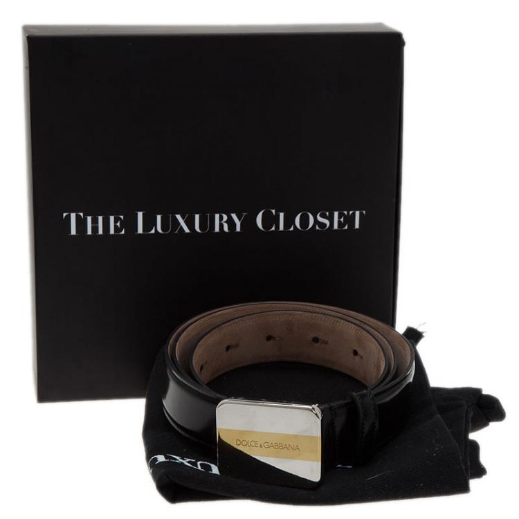 Pre Owned Dolce and Gabbana Black Leather Logo Plaque Belt 90CM