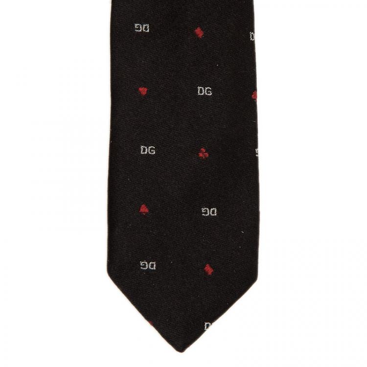 Pre Owned Dolce and Gabbana Black Silk Logo Skinny Tie 