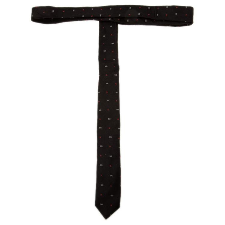 Pre Owned Dolce and Gabbana Black Silk Logo Skinny Tie 