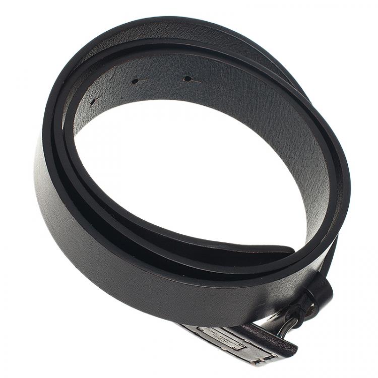 Pre Owned Dolce and Gabbana Black Leather Logo Plaque Belt 100 CM