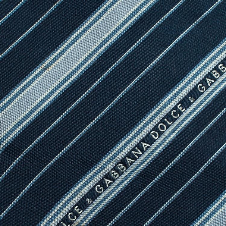 Pre Owned Dolce and Gabbana Navy Blue Logo Silk Striped Tie 