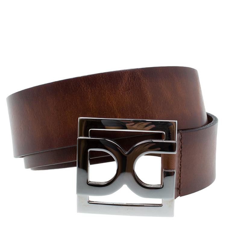 Pre Owned Dolce and Gabbana Brown Leather Logo Buckle Belt Size 100 CM