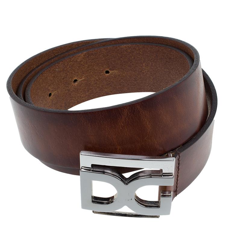 Pre Owned Dolce and Gabbana Brown Leather Logo Buckle Belt Size 100 CM