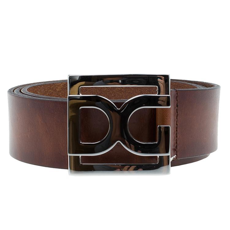 Pre Owned Dolce and Gabbana Brown Leather Logo Buckle Belt Size 100 CM