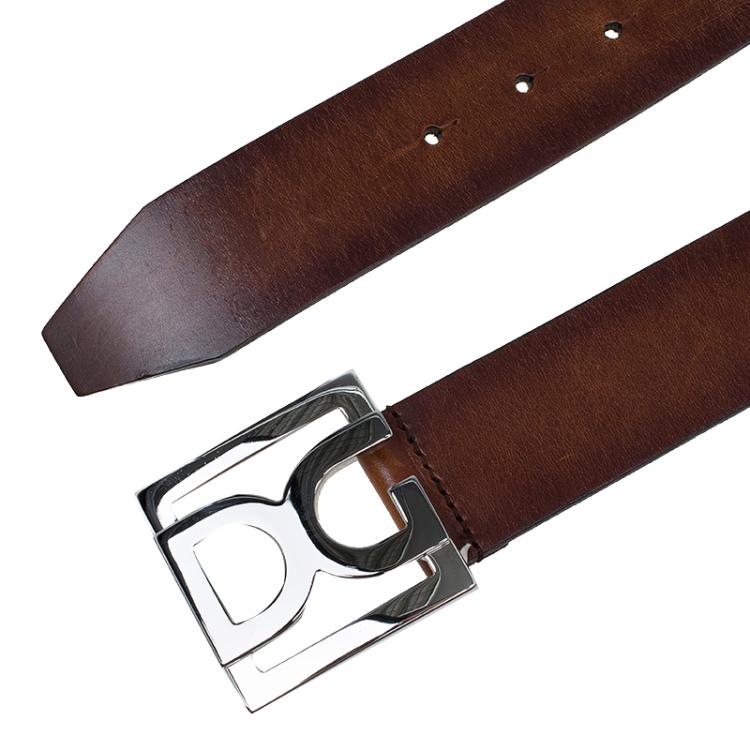 Pre Owned Dolce and Gabbana Brown Leather Logo Buckle Belt Size 100 CM