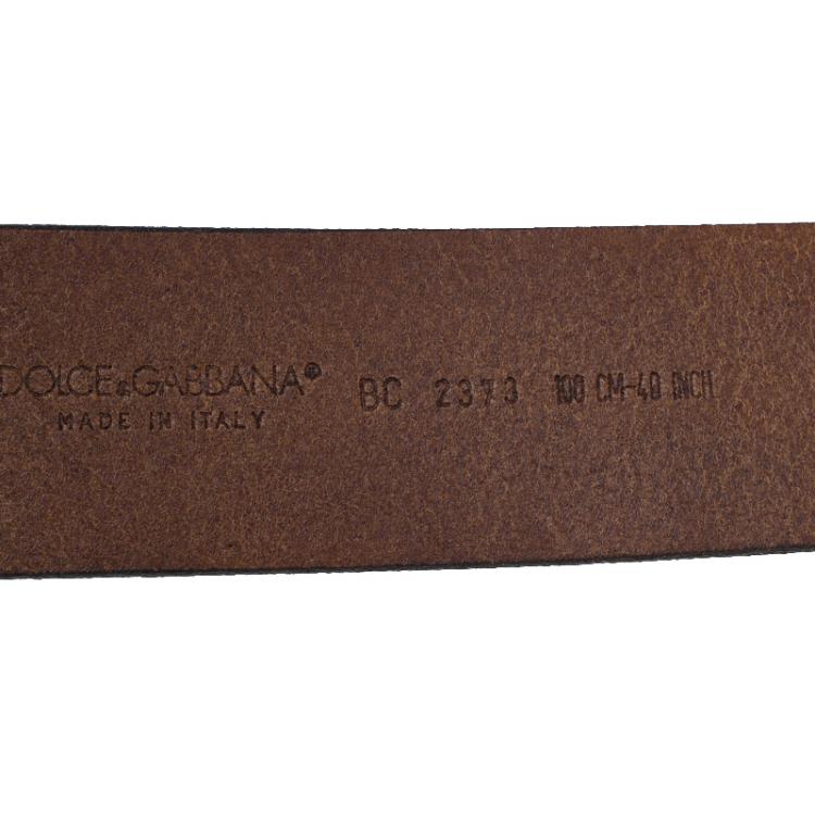 Pre Owned Dolce and Gabbana Brown Leather Logo Buckle Belt Size 100 CM