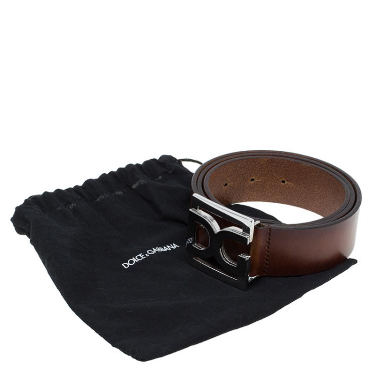Pre Owned Dolce and Gabbana Brown Leather Logo Buckle Belt Size 100 CM