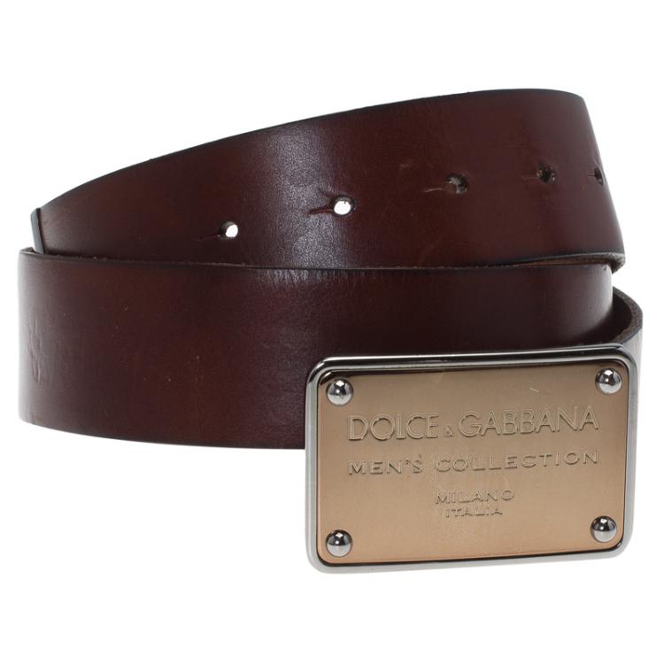 Pre Owned Dolce and Gabbana Brown Leather Logo Plaque Belt 90CM