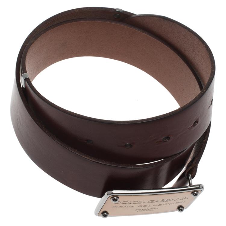 Pre Owned Dolce and Gabbana Brown Leather Logo Plaque Belt 90CM