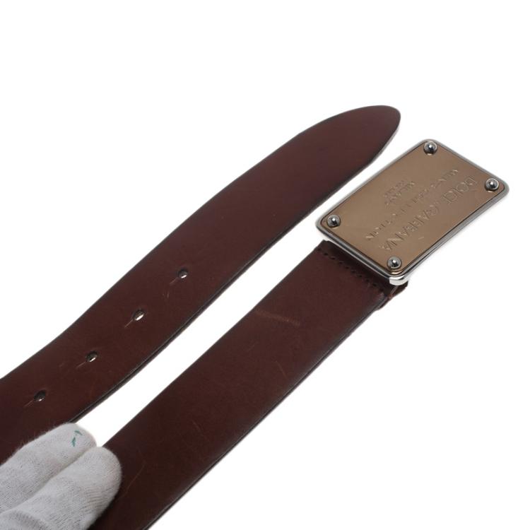 Pre Owned Dolce and Gabbana Brown Leather Logo Plaque Belt 90CM
