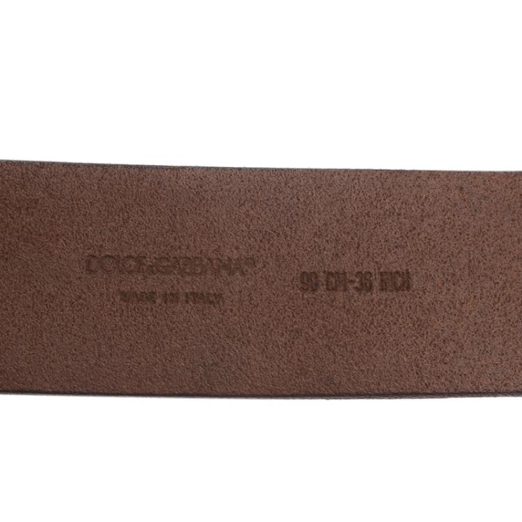 Pre Owned Dolce and Gabbana Brown Leather Logo Plaque Belt 90CM