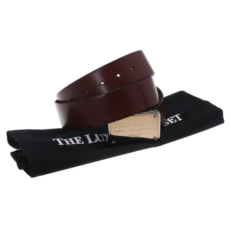 Pre Owned Dolce and Gabbana Brown Leather Logo Plaque Belt 90CM