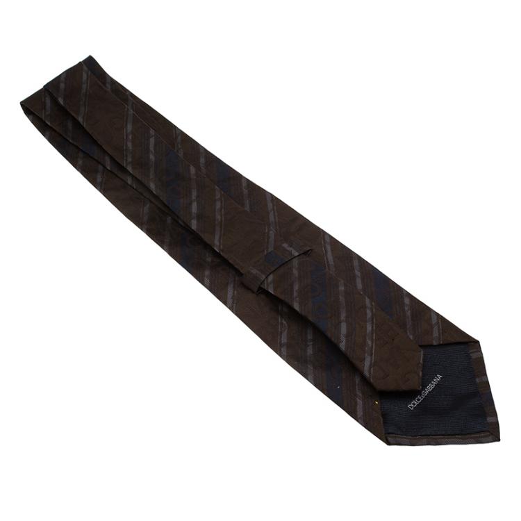 Pre Owned Dolce and Gabbana Brown Striped Silk Tie
