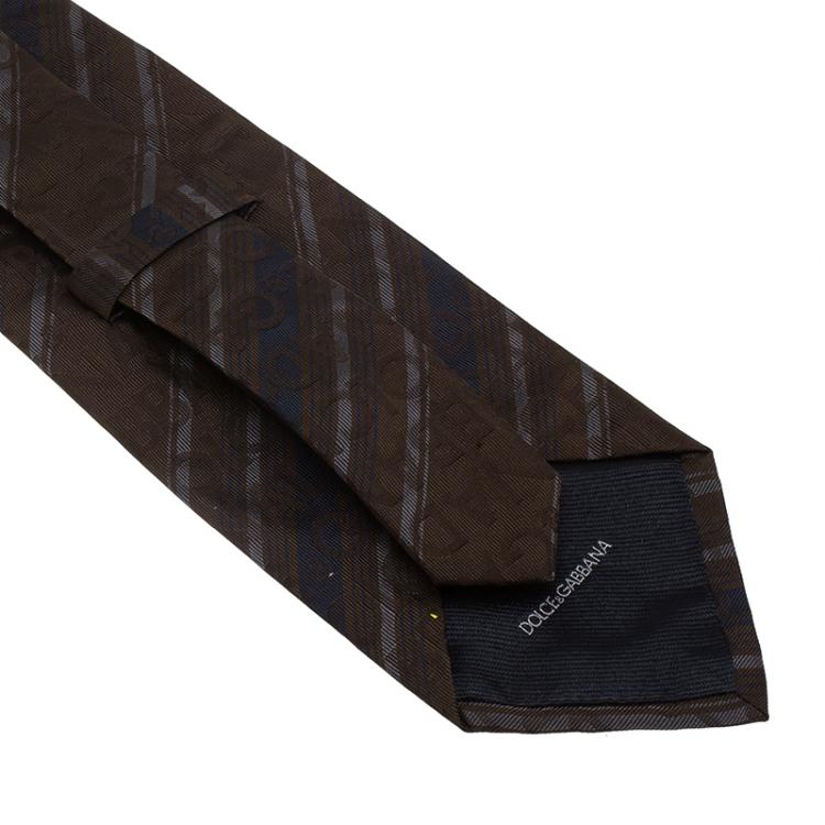 Pre Owned Dolce and Gabbana Brown Striped Silk Tie