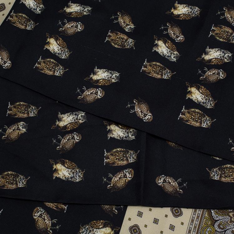 Pre Owned Dolce and Gabbana Navy Blue & Cream Two Tone Owl Print Silk Stole