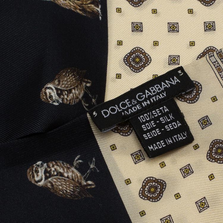 Pre Owned Dolce and Gabbana Navy Blue & Cream Two Tone Owl Print Silk Stole