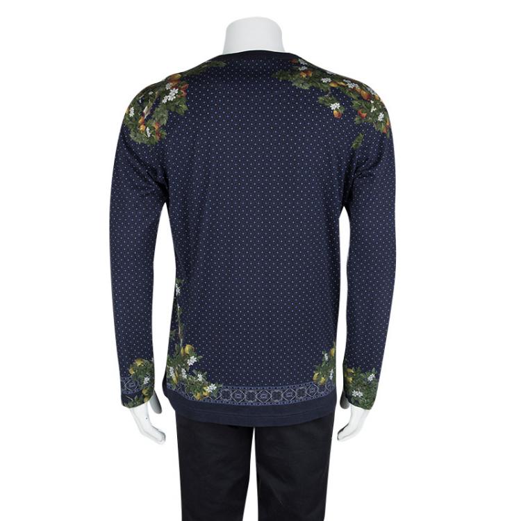 Pre Owned Dolce and Gabbana Navy Blue Peacock Printed Long Sleeve T-Shirt XXL