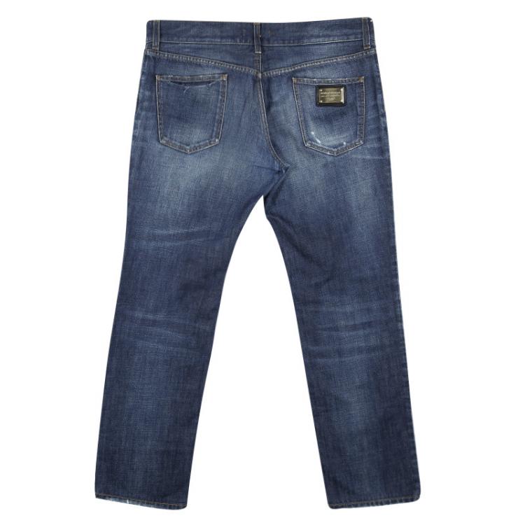 Pre Owned Dolce and Gabbana Indigo Dark Wash Distressed Denim Straight Fit Jeans XL