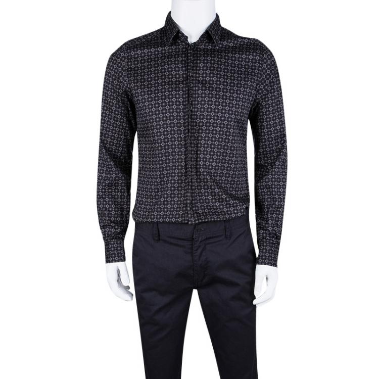 Pre Owned Dolce and Gabbana Gold Black Cotton Diamond Patterned Button Front Shirt L