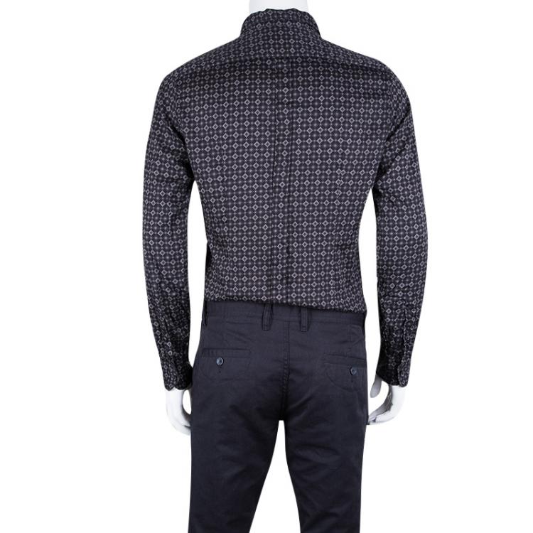 Pre Owned Dolce and Gabbana Gold Black Cotton Diamond Patterned Button Front Shirt L