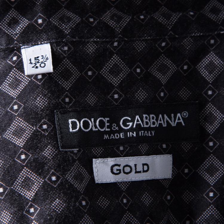 Pre Owned Dolce and Gabbana Gold Black Cotton Diamond Patterned Button Front Shirt L
