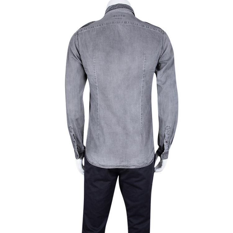 Pre Owned Dolce and Gabbana Sicilia Grey Distressed Light Wash Faded Effect Denim Shirt M