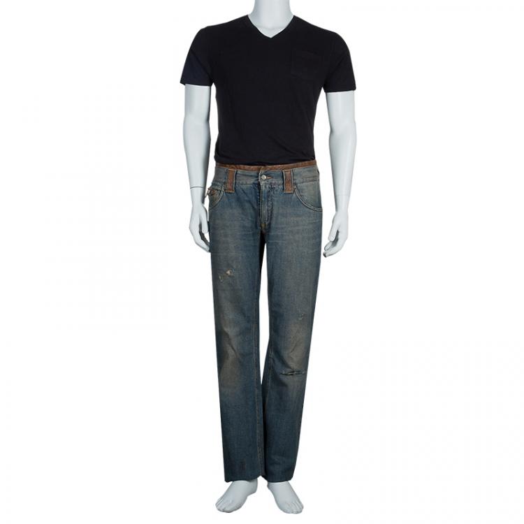 Pre Owned Dolce and Gabbana Blue Tinted Wash Faded Distressed Denim Jeans L