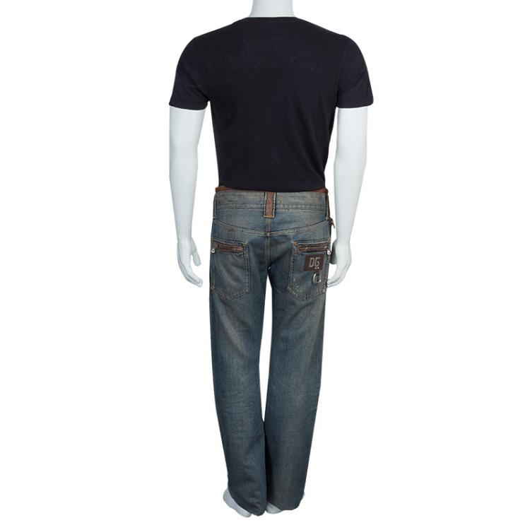 Pre Owned Dolce and Gabbana Blue Tinted Wash Faded Distressed Denim Jeans L