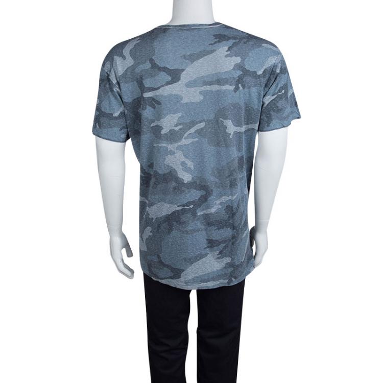 مملوكة مسبقًا Dolce and Gabbana Blue Camouflage Print V-Neck T-shirt XL