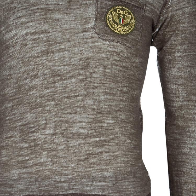 Pre Owned Dolce and Gabbana Khaki Logo Patch Detail Long Sleeve Fitted Hoodie S