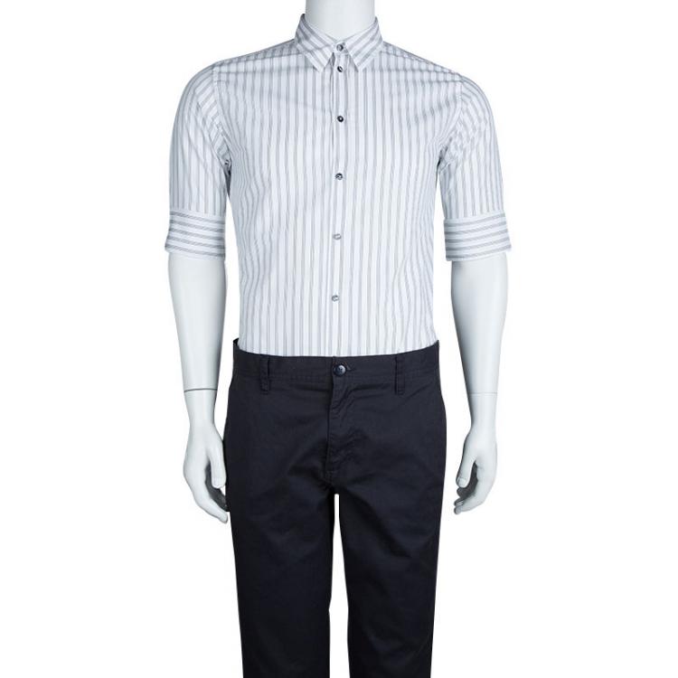 Pre Owned Dolce and Gabbana White Striped Cotton Three Quarter Sleeve Buttondown Shirt M