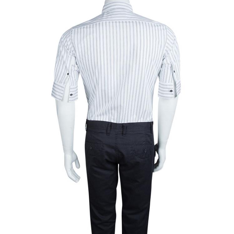 Pre Owned Dolce and Gabbana White Striped Cotton Three Quarter Sleeve Buttondown Shirt M