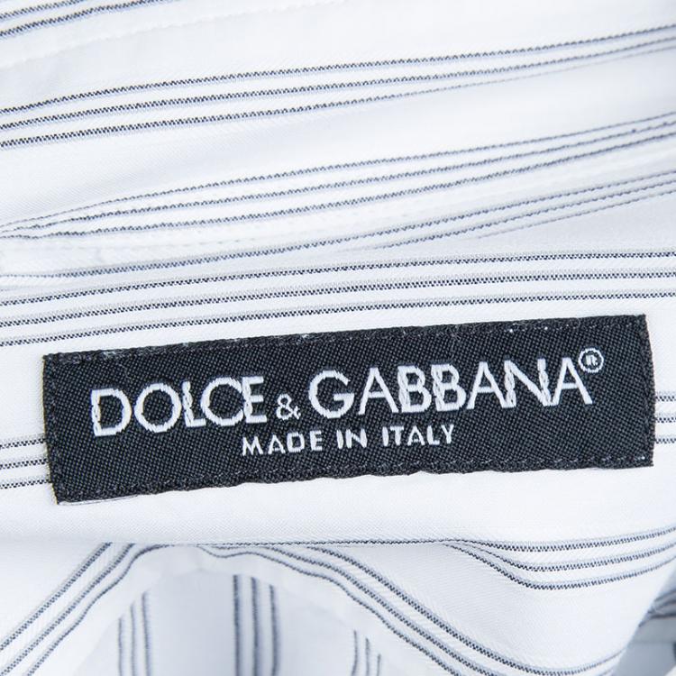 Pre Owned Dolce and Gabbana White Striped Cotton Three Quarter Sleeve Buttondown Shirt M
