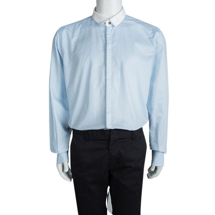 Pre Owned Dolce and Gabbana Martini Blue Textured Cotton Contrast Collar Long Sleeve Shirt 4XL