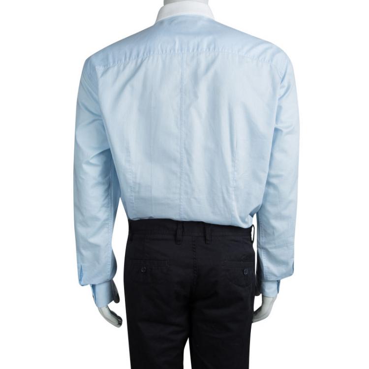 Pre Owned Dolce and Gabbana Martini Blue Textured Cotton Contrast Collar Long Sleeve Shirt 4XL