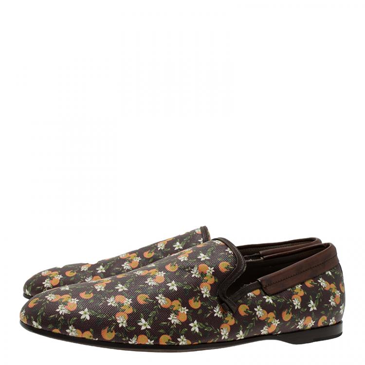 مملوكة مسبقًا Dolce and Gabbana Brown Leather and Orange Print Canvas Amalfi Slip On Size 44 