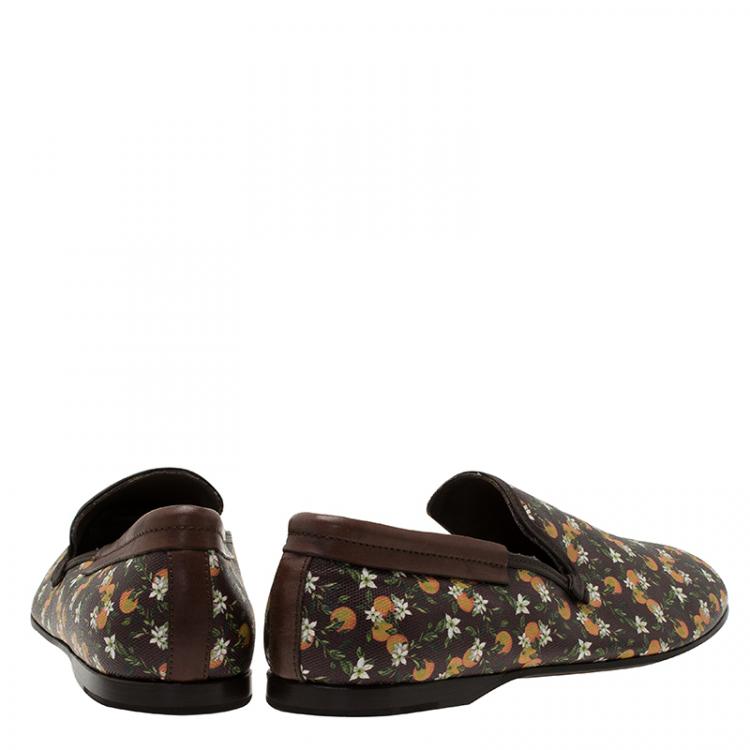 مملوكة مسبقًا Dolce and Gabbana Brown Leather and Orange Print Canvas Amalfi Slip On Size 44 