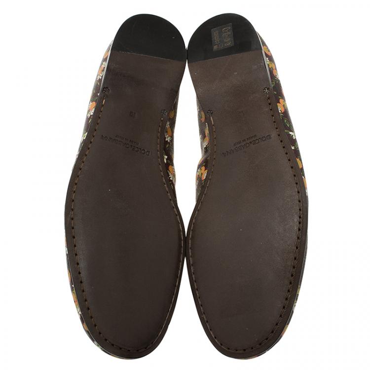 مملوكة مسبقًا Dolce and Gabbana Brown Leather and Orange Print Canvas Amalfi Slip On Size 44 