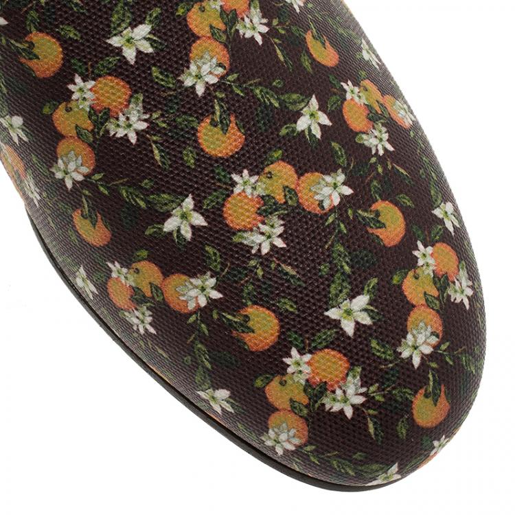 مملوكة مسبقًا Dolce and Gabbana Brown Leather and Orange Print Canvas Amalfi Slip On Size 44 