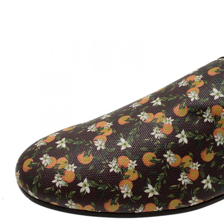 مملوكة مسبقًا Dolce and Gabbana Brown Leather and Orange Print Canvas Amalfi Slip On Size 44 