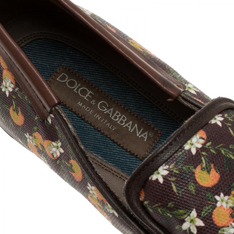 مملوكة مسبقًا Dolce and Gabbana Brown Leather and Orange Print Canvas Amalfi Slip On Size 44 